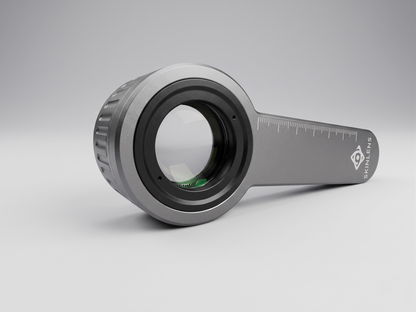 SkinLens Pro dermatoscope — three-quarter view showing optical glass lens and measurement scale